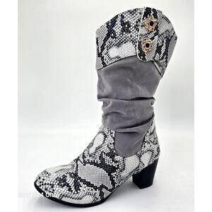 Slouch Mid Calf Boots Snake Pattern Gray Black Faux Leather Women's 37 EU 6.5 US